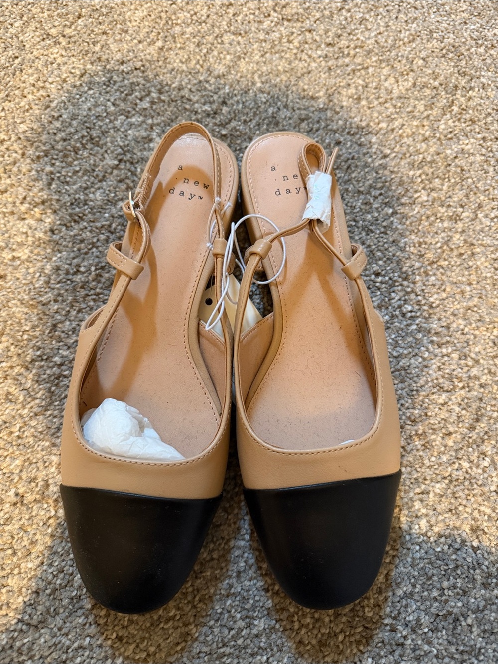 a new day Tan Slingback Flats with Black Cap Toe